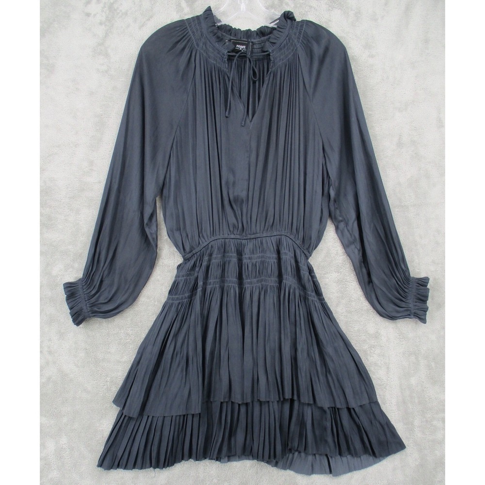 Reset By Jane Dress Womens Medium Lana Mini Boho Silky Coquette Ruffle Pheasant